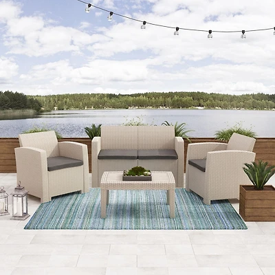 CorLiving Adelaide 4pc Rust Proof Resin Wicker Outdoor Patio Conversation Set with Loveseat, 2 Chairs, and Coffee Table