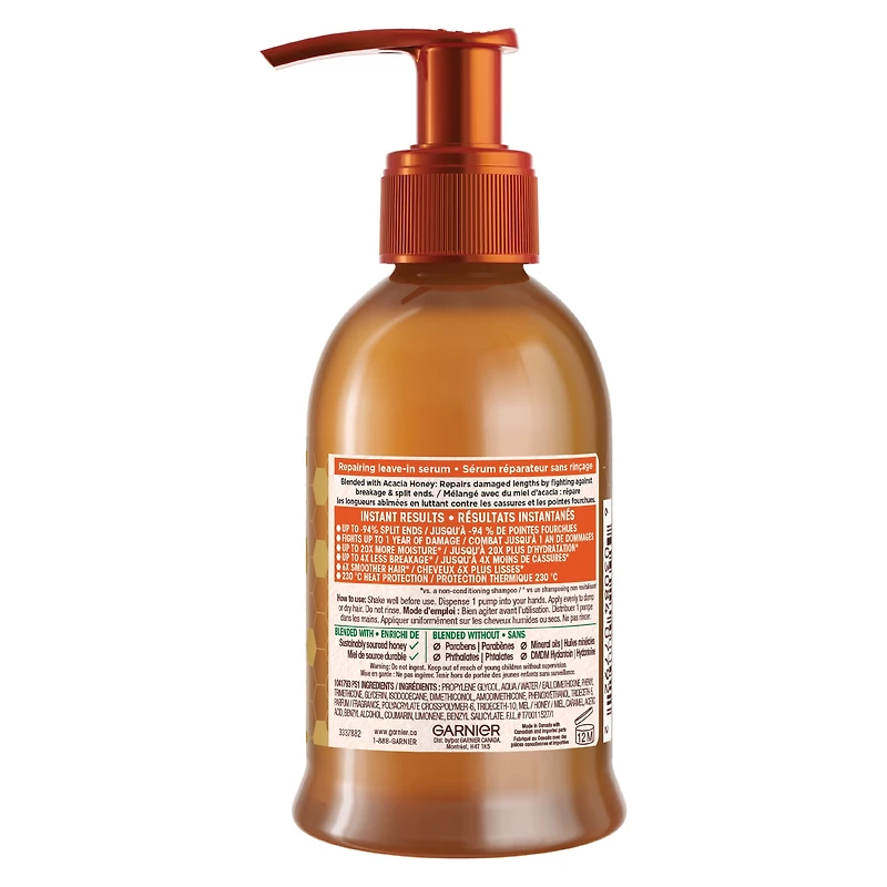 Garnier Whole Blends Hair Honey Sérum Réparateur pour Cheveux Secs et Abîmés, Non collant & non gras, cheveux plus lisses & réduction de pointes fourchues, 150ml Répare les cheveux abîmés