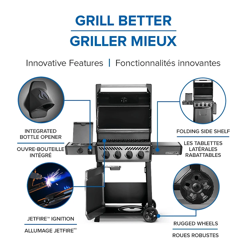 Gril Freestyle 425 au propane avec brûleur latéral de cuisinière, gris graphite