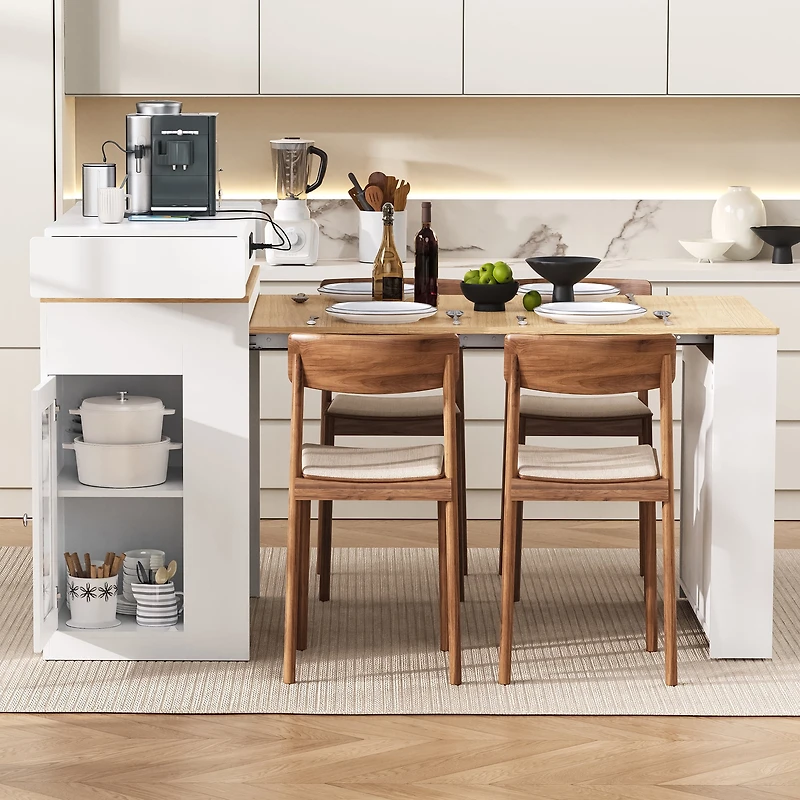 Table de salle à manger extensible Noble House HORIZON avec plateau rabattable, table de bar avec tiroirs et prise électrique (Naturel + Blanc crème)