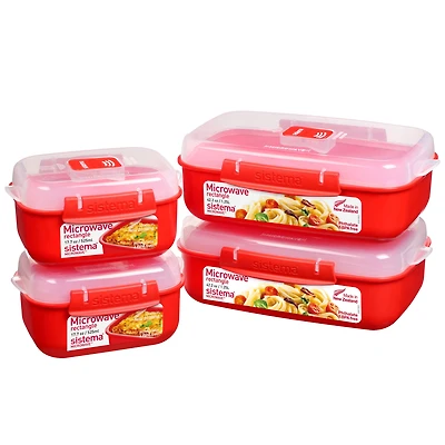 Sistema Heat and Eat Lot pour micro-ondes, 4 récipients rectangulaires pour aliments avec couvercle (2x 1,25 l + 2x 525 ml), Clips de fermeture et valves d'évacuation de la vapeur, sans BPA