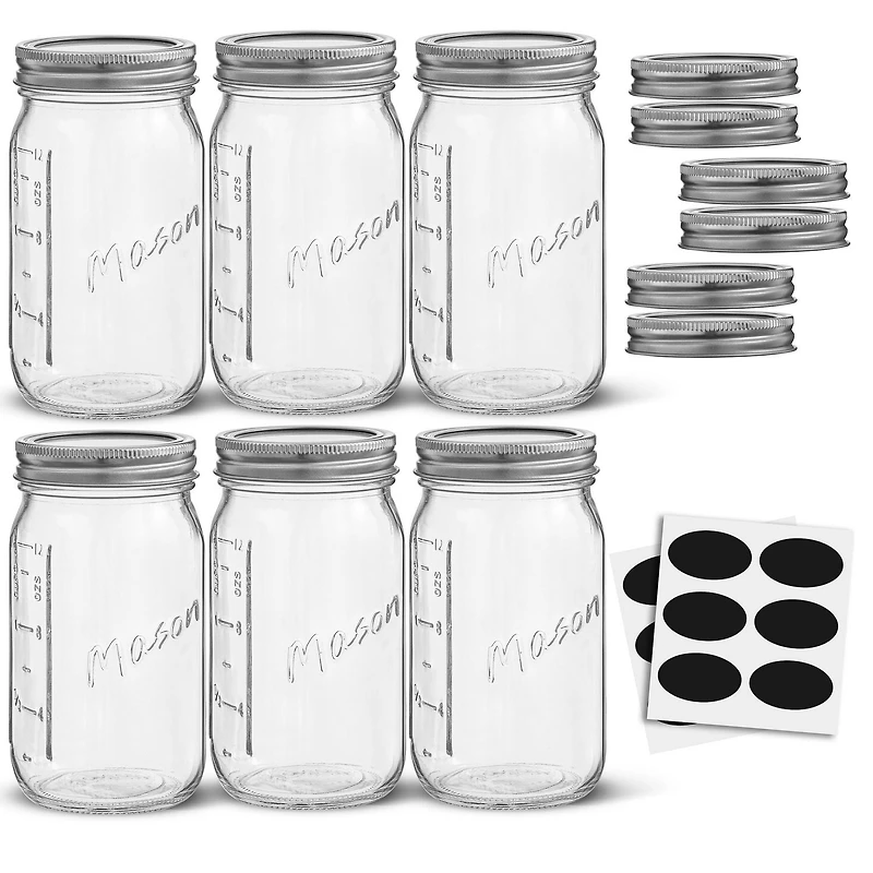 Regular Mason Jars with Airtight Lids, Labels and Measures - 16 oz - Set of 6