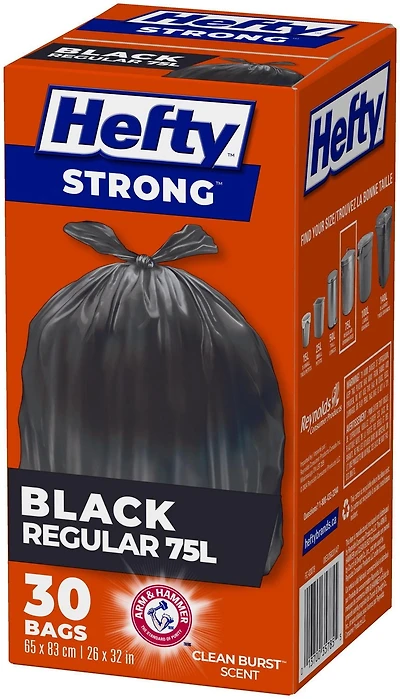 Hefty™ Lot de 30 sacs poubelle Strong Regular 75 litres noirs, EasyFlaps™, neutralisant les odeurs Arm & Hammer