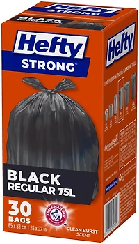Hefty™ Lot de 30 sacs poubelle Strong Regular 75 litres noirs, EasyFlaps™, neutralisant les odeurs Arm & Hammer