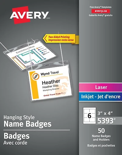 Avery Hanging Name Badge kit for Laser and Inkjet Printers, 3" x 4" - 5393