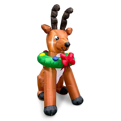 Inflatable led light up reindeer with wreath, brown/green 6 FT