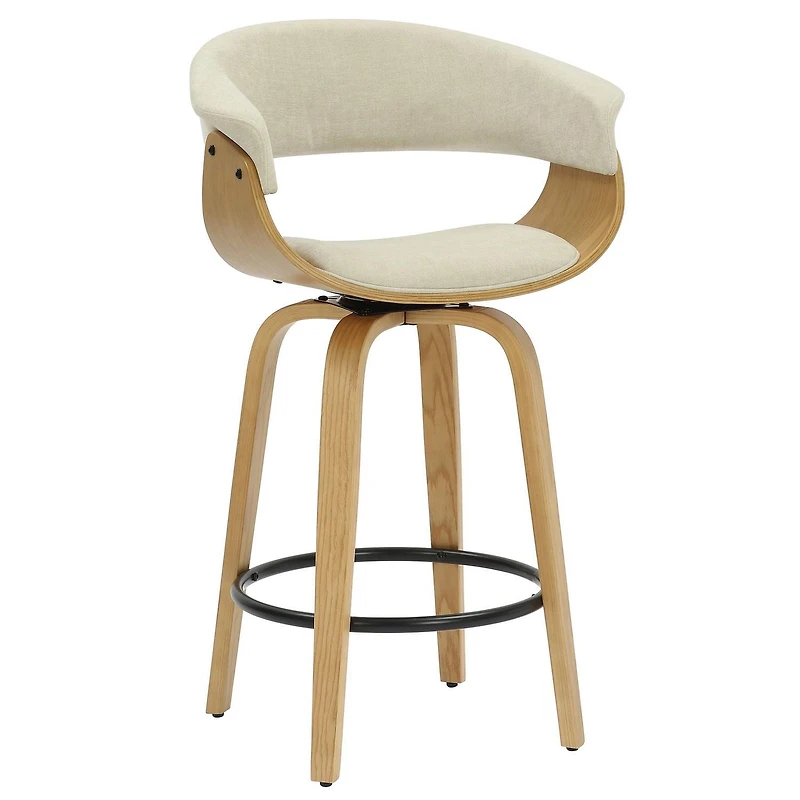 Tabouret de comptoir pivotant de 26 po de style mi-siècle en tissu et en bois cintré – beige et naturel