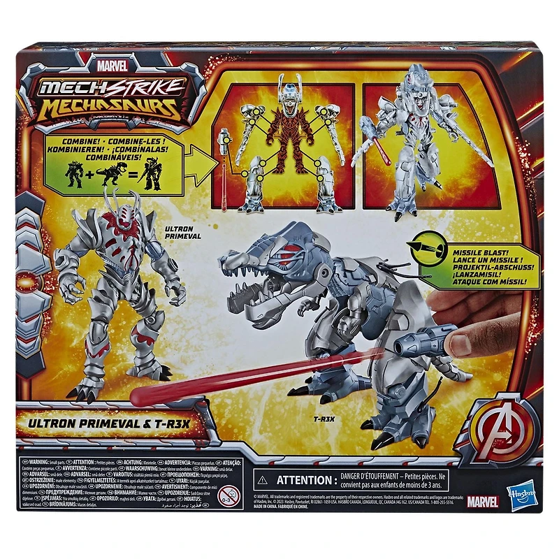 Marvel Mech Strike Mechasaurs 4.5" Ultron Primeval with T-R3X Mechasaur Action Figures, Super Hero Toys