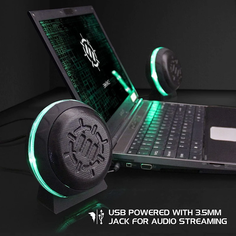 Enhance SL2 USB Gaming Computer Speakers for Monitor with LED Green Light, 3.5mm Wired Connection and in-Line Volume Control - 2.0 Stereo Sound System for Gaming Laptop, Desktop, PC Computers