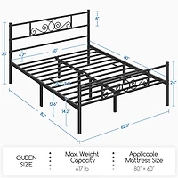 Fullfurnique Cadre de Lit Métallique avec Tête et Pied de Lit à Volutes, Queen, Noir