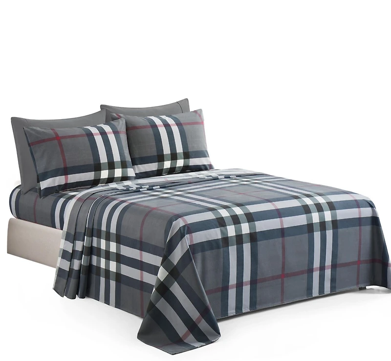 Literie Marina Décoration ultra douce, soyeuse et riche en soie, imprimée, en rayonne de bambou, toutes saisons, avec taies d'oreiller, motif tartan gris moderne