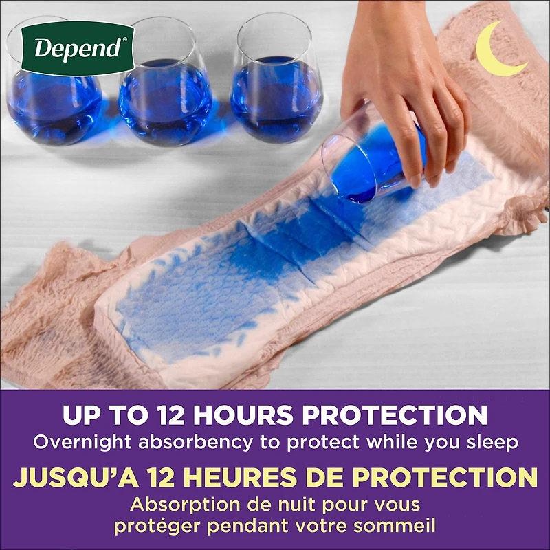 Sous-vêtements d’incontinence et fuites urinaires post-partum pour femmes adultes Depend Night Defense pour femmes, jetables, de nuit, grande taille, roses, 14 unités