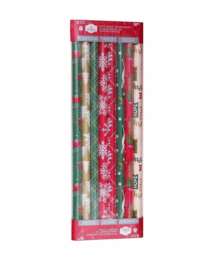 Holiday Time Christmas Wrapping Paper 8 Rolls Assortment, Quantity 144 square feet