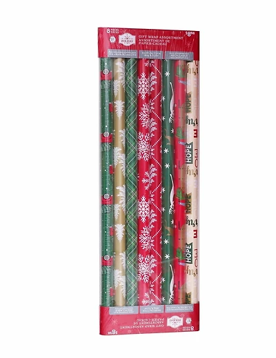 Holiday Time Christmas Wrapping Paper 8 Rolls Assortment, Quantity 144 square feet