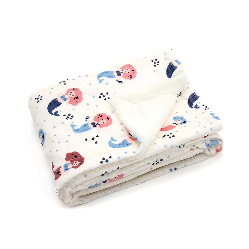Marina Decoration Reversible Rich Printed Woven Fluffy Plush Soft Warm Flannel Fleece Children Throw Sherpa Kids Blanket, 40 x 50 Inch Pink Mermaid with White Base Pattern