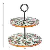 Christmas Enameled Acacia Wood 2 Tier Cake Stand Holly Berries