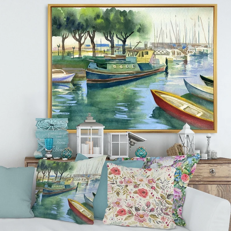 Designart Boats In Green Spring FLOAT FRAME WALL ART