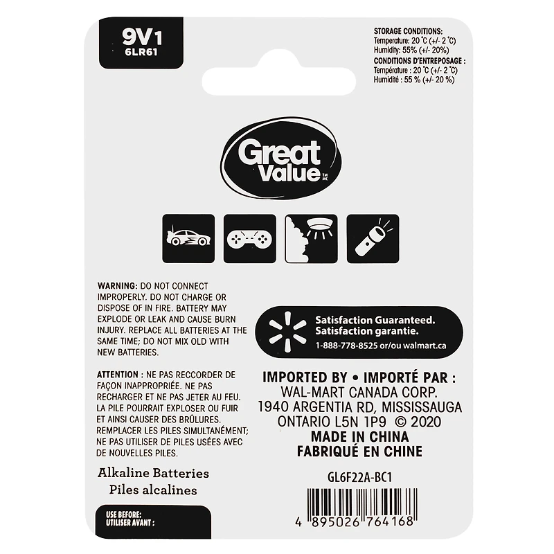 Great Value 9 V 6LR61 Alkaline Battery 1-Pack, 5-year storage life, Long lasting power guarantee