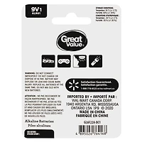 Great Value 9 V 6LR61 Alkaline Battery 1-Pack, 5-year storage life, Long lasting power guarantee