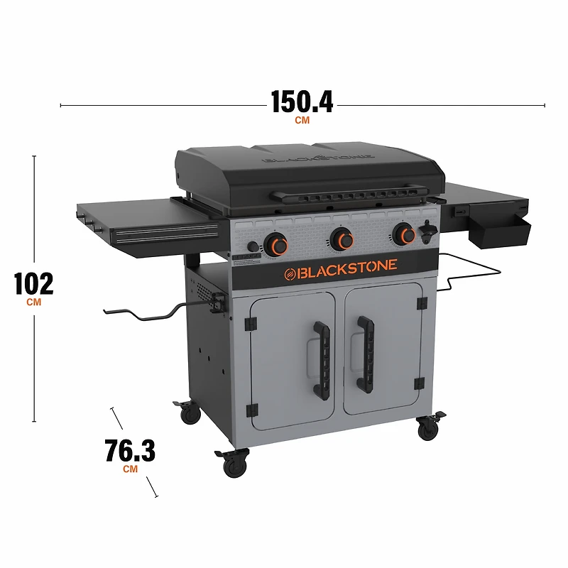 Blackstone Bronco 28" XL Outdoor Griddle, 3-Burner Flat Top Grill with Cabinet and Hood