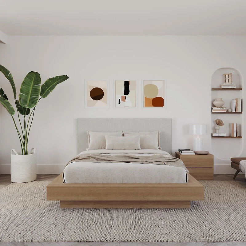 Ensemble de chambre à coucher Julian 3 pièces avec lit plateforme, tête de lit rembourrée et table de chevet