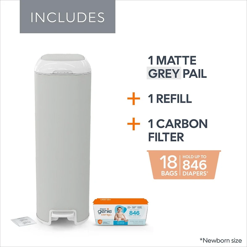 Poubelle à couches Diaper Genie Platinum - Gris mat - Acier inoxydable, pédale, contrôle des odeurs