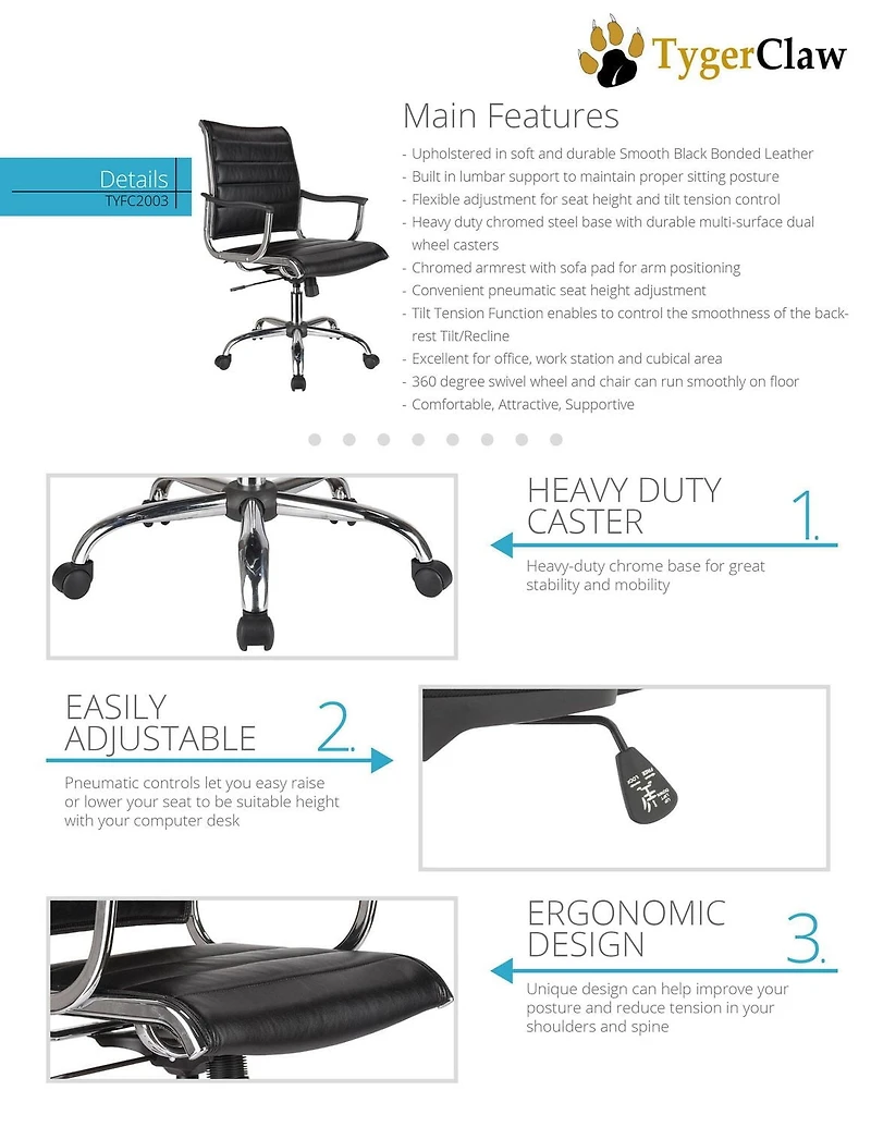 Chaise de bureau TygerClaw en cuir reconstitué à dossier moyen