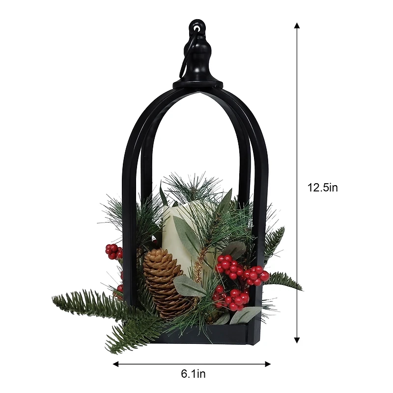 Holiday Time Metal Black Lantern with Greenary & Red Berries