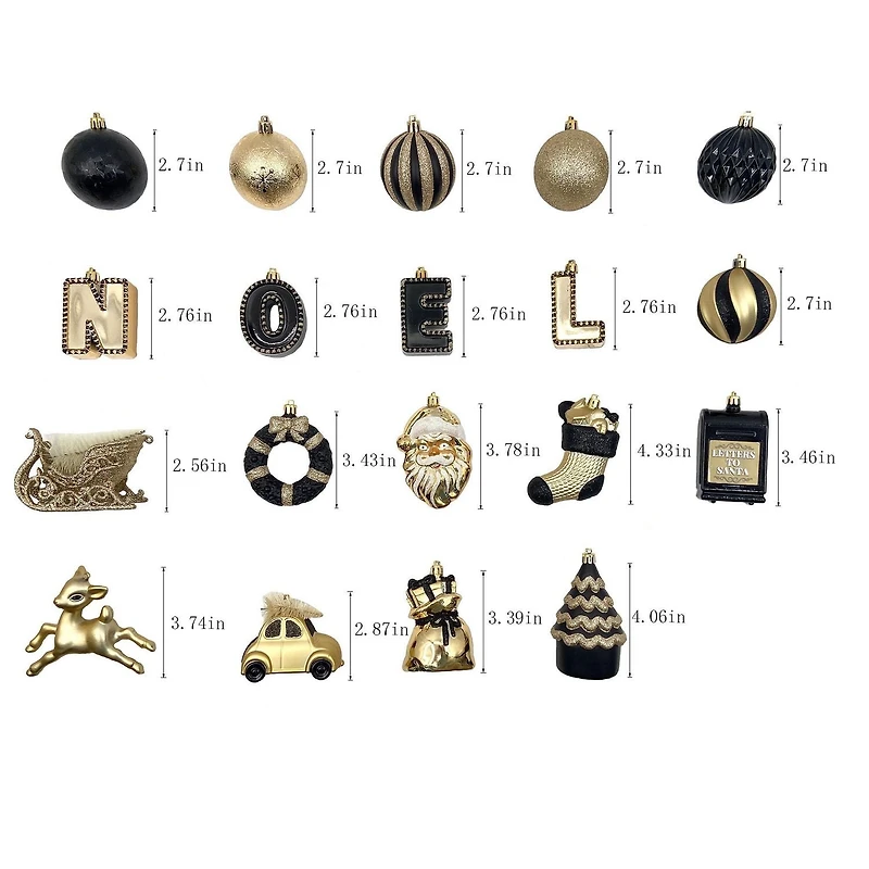Holiday Time 50-Count Iconic Symbols of Christmas Shatterproof Christmas Ornaments, Black/Gold, 50 pieces