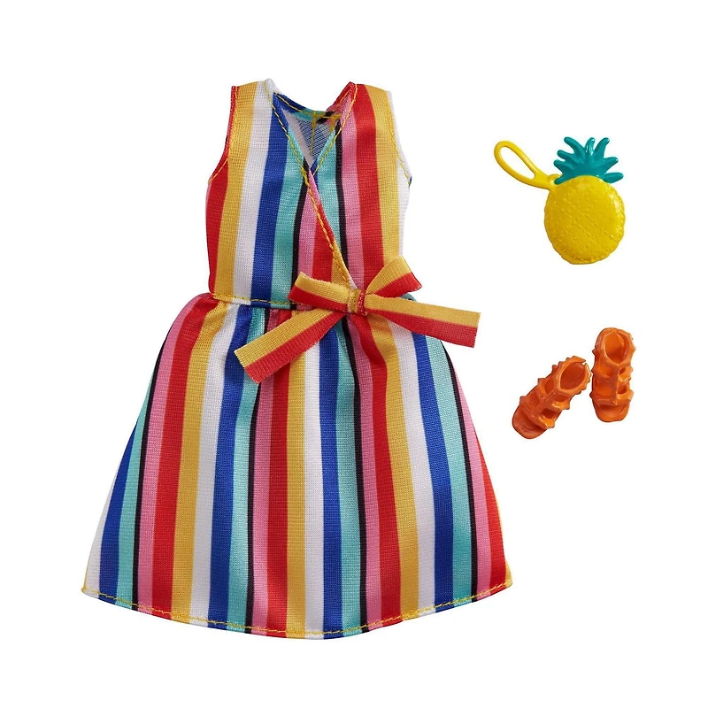 Coffret Tenue Barbie comprenant robe à rayures, sac à main ananas et sandales, vêtements pour poupées