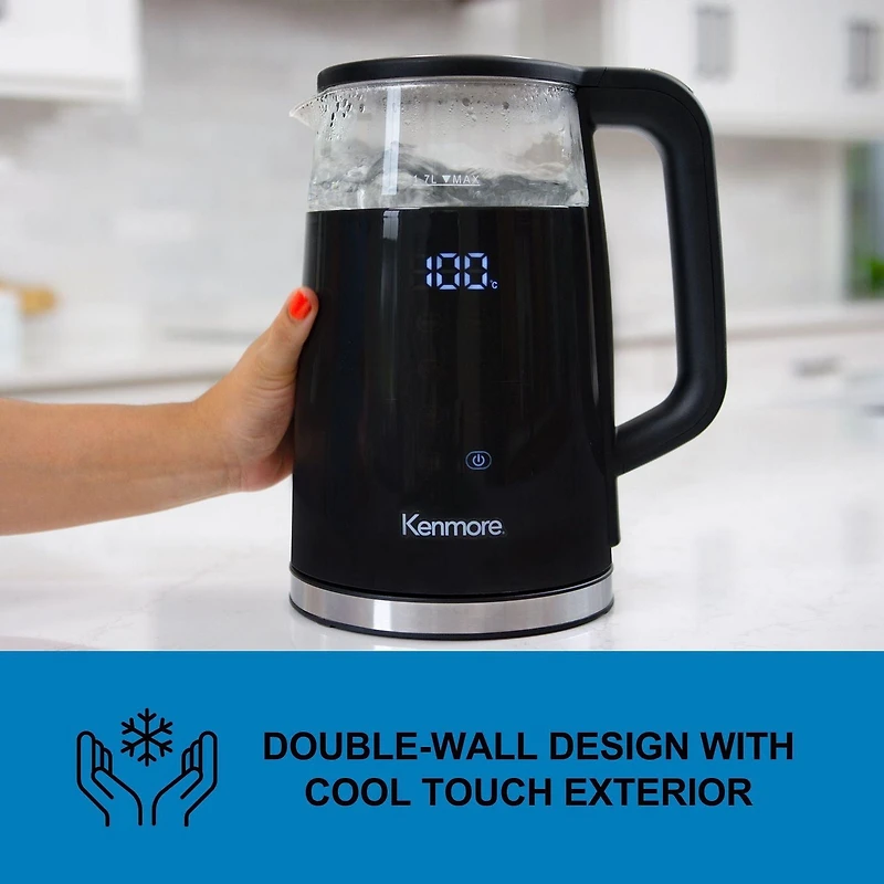 Kenmore Bouilloire électrique 1,7 L Bouilloire électrique portable en verre avec contrôle de la température Affichage numérique, Bouilloire électrique en verre avec couvercle, Noir