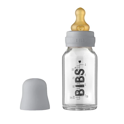Biberon en Verre BIBS pour Bébé. Anti-Colique. Tétine en Latex de Caoutchouc Naturel Rond. Soutient l'Allaitement Naturel, Ensemble Complet - 110 ml, Lilas Poudré
