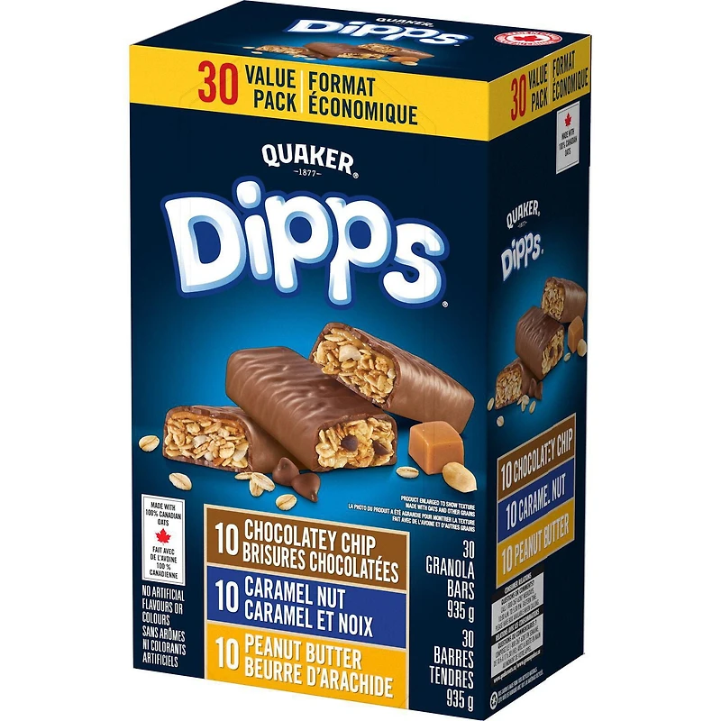 Quaker Dipps Barres tendres Brisures chocolatées, Caramel et noix et Beurre d’arachide 935 g.