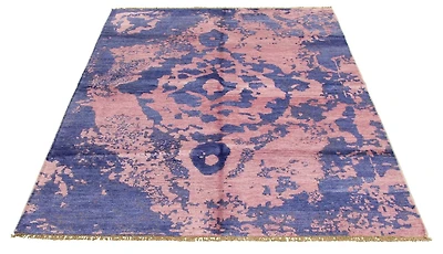 ECARPETGALLERY Tapis Noué à la Main pour Salon, Salle à Manger et Chambre à Coucher Surteint Collection Jules Oushak 7'5" x 10'1" en Bleu