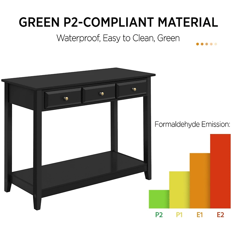 Fullfurnique 3-Drawer Minimal Style Console Table with Pine Wood Legs and Storage Shelf, Black