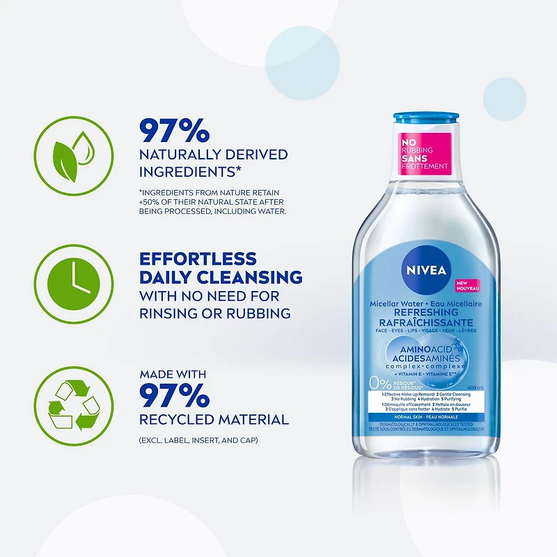 NIVEA Micellar Water Amino Acid Complex for Normal Skin | Cleanser and Make-up Remover with Vitamin E | Face Wash | All-in-One Daily Cleanser | Micellar Water | Refreshed and Hydrated Skin | No Rinse,, 400 mL