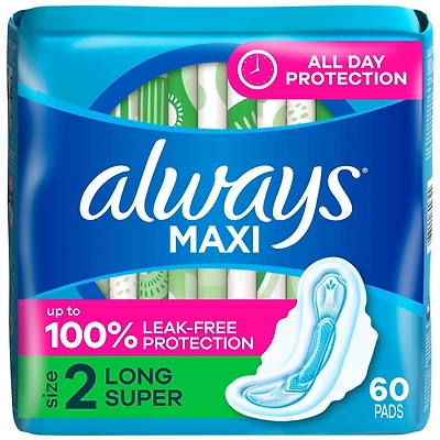 Always Maxi Feminine Pads with Wings for Women, Size 2, Long Super Absorbency, Unscented, 60CT