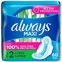 Always Maxi Feminine Pads with Wings for Women, Size 2, Long Super Absorbency, Unscented, 60CT