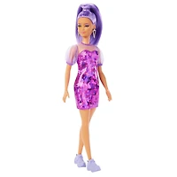 Barbie Fashionistas Doll #178, Petite, Long Purple Hair & Purple Metallic Dress, Sheer Bodice & Sleeves, Purple Sneakers, 3 to 8 Years Old