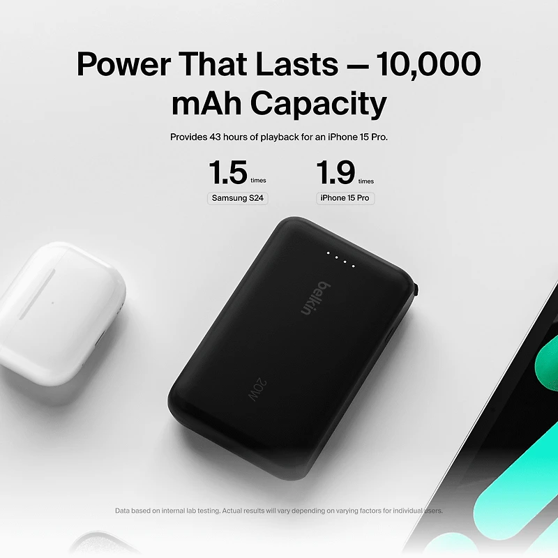 Belkin BoostCharge Portable Power Bank, 2.2in/5.7cm Integrated Cable 10,000mAh PD 20W Fast Charge USB-C Power Delivery, Portable iPhone Charger for iPhone 15 Series, iPad Pro, Galaxy S24 & More Black, BEL 10K 20W CABLE PWRBNK BLK