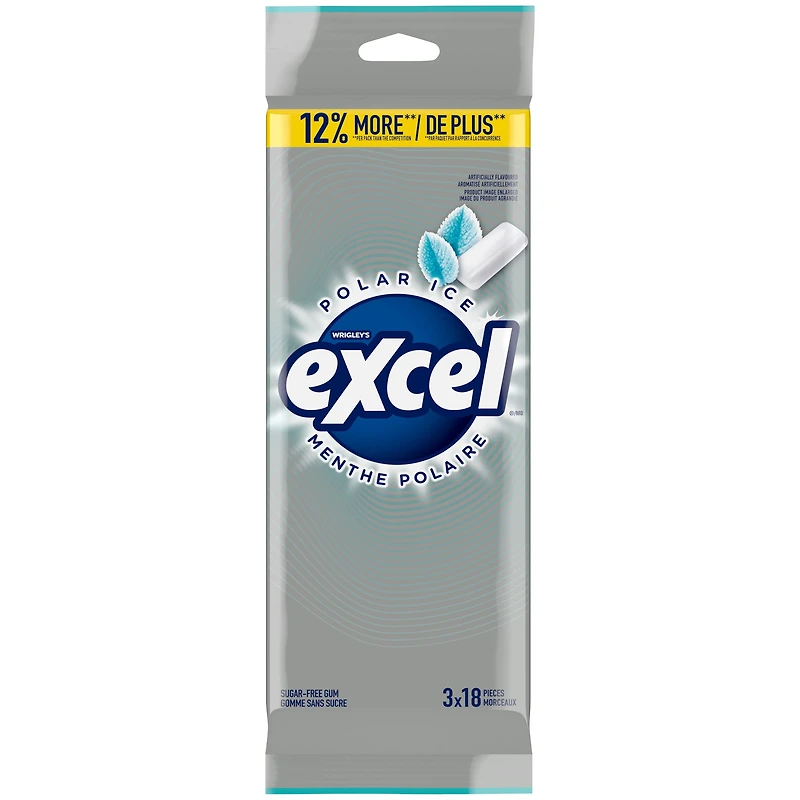 EXCEL, Menthe polaire, gomme à mâcher sans sucre, 18 morceaux, 3 emb. Emballages de 3, 18 morceaux