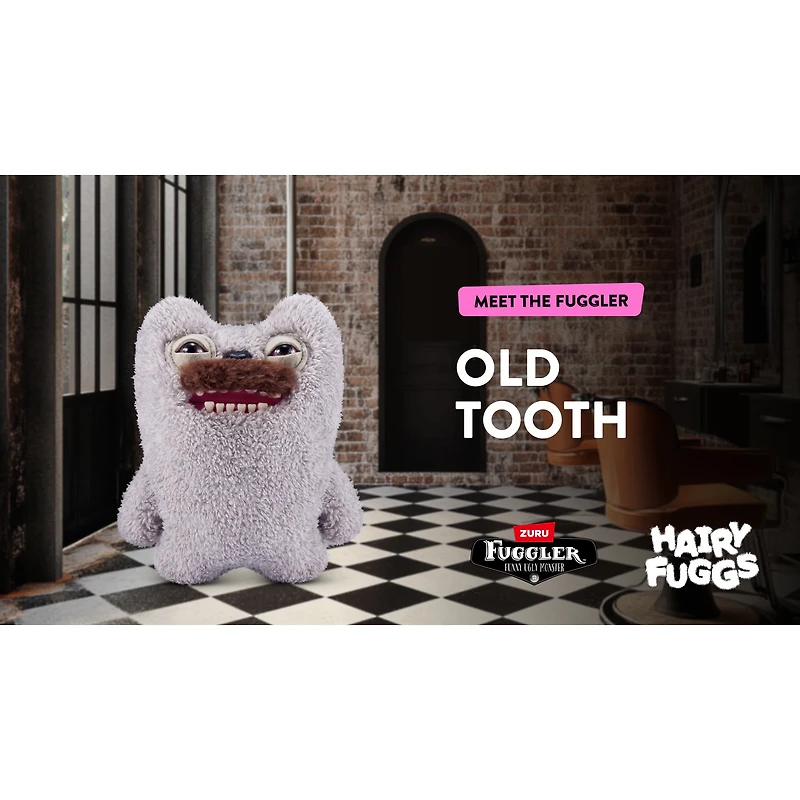 Fuggler Hairy Fuggs 9-inch Series 1 (Old Tooth - Moustache - Grey) by ZURU, Funny Ugly Monster Plush Toy