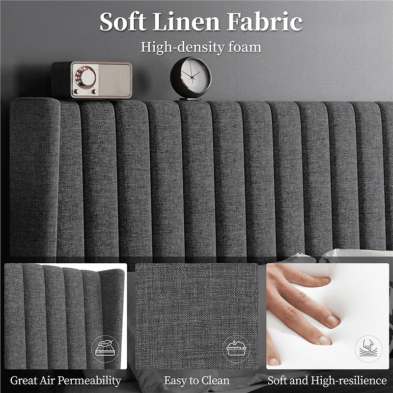 Fullfurnique Upholstered Bed Frame with Wing Side and Channel Headboard, Queen, Dark Gray