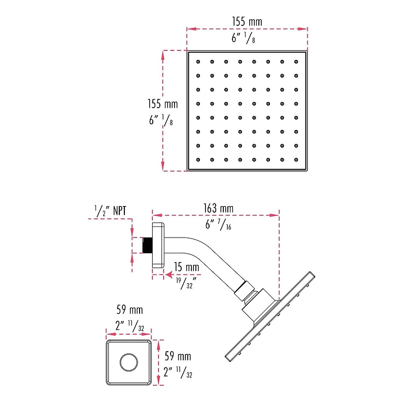 Ensemble de douche carré à pression équilibrée.  PEX connection 1/2-in. for water inlet fini chrome