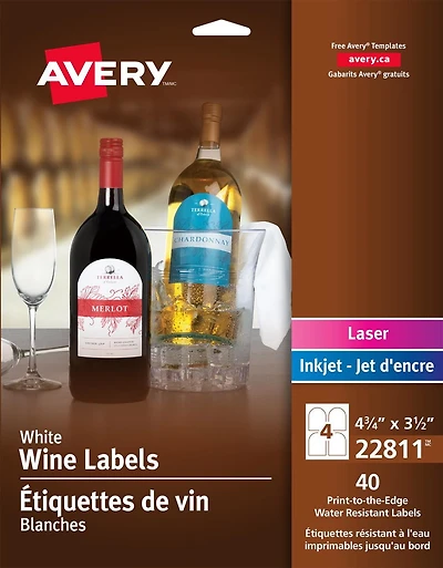 Avery White Arched Wine Bottle Labels, 4¾" x 3½",  for Laser and Inkjet Printers - 22811