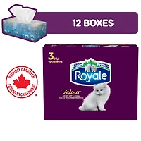 Royale Velour, 3 Ply Facial Tissue, 12 Flat Boxes, 82 Tissues per Box