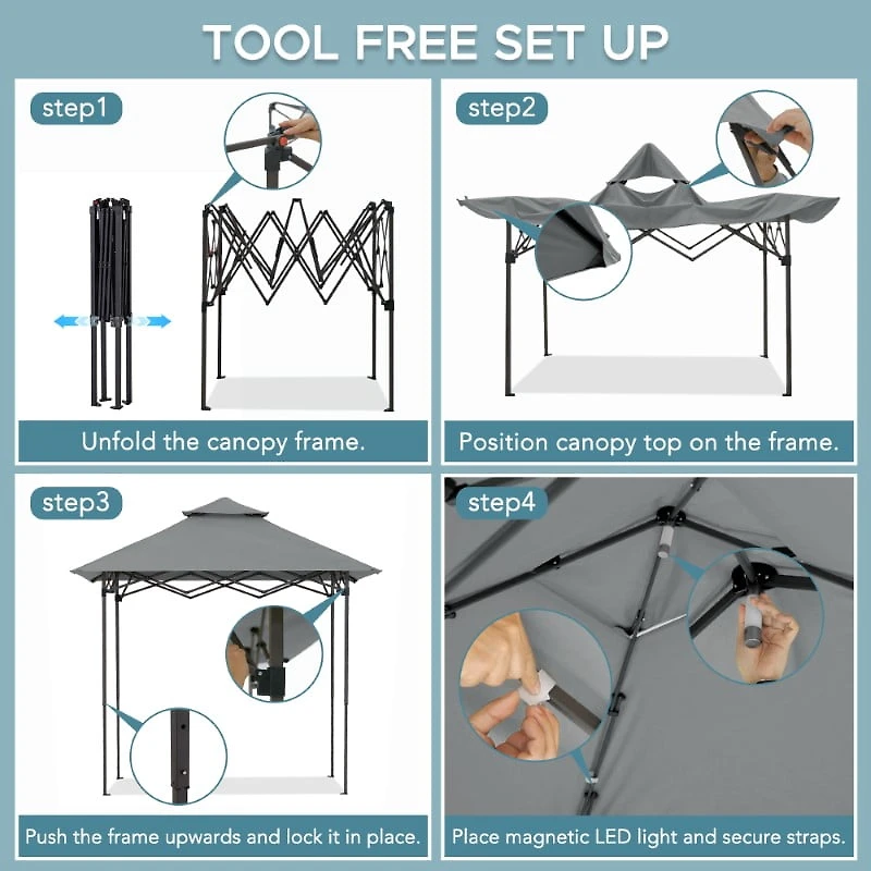Sunjoy 8' x 5' Grill Gazebo Double Tiered Outdoor Gazebo Standing-Height Canopy with Magnetic LED Light, Adjustable Ceiling Height, for BBQ,Picnics, Outdoor Events, Gray