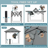 Sunjoy 8' x 5' Grill Gazebo Double Tiered Outdoor Gazebo Standing-Height Canopy with Magnetic LED Light, Adjustable Ceiling Height, for BBQ,Picnics, Outdoor Events, Gray