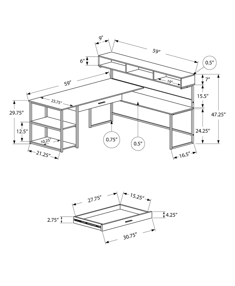 Monarch Specialties Bureau, Bureau À Domicile, Coin, Tiroirs De Rangement, Forme De L, Travail, Ordinateur Portable, Métal, Stratifié, Brun, Noir, Contemporain, Moderne