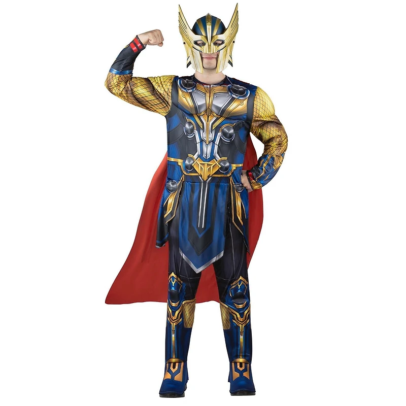 MARVEL Adult Thor Costume - Printed Jumpsuit with Special Padding, Cape, and 3D Plastic Mask